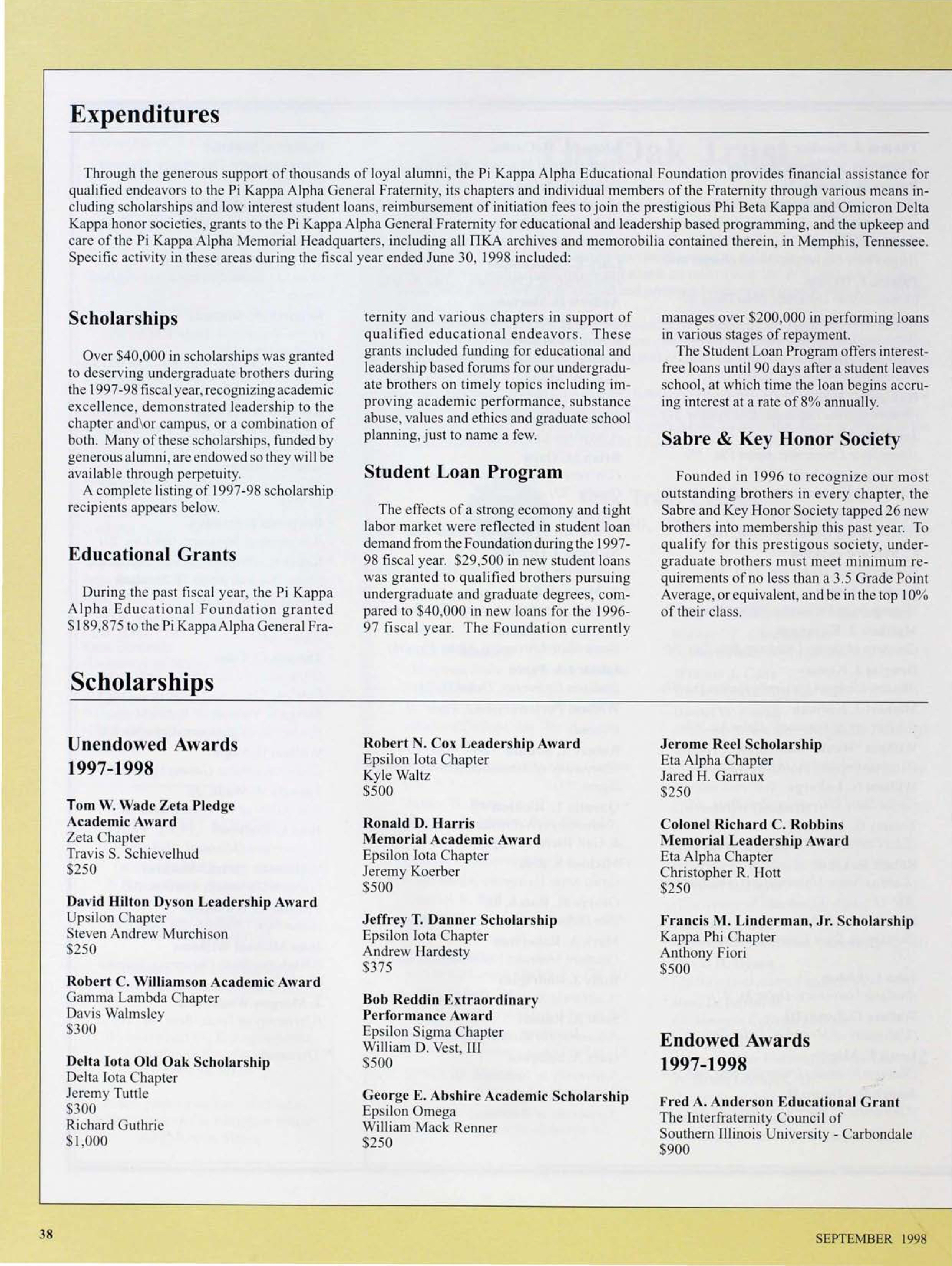 Pi Kappa Alpha Educational Foundation: Scholarships, September 1998
